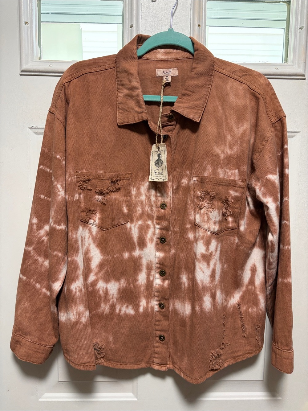 easel Rust/Brown and White Distressed Tie-Dye Button Down Shirt Jacket